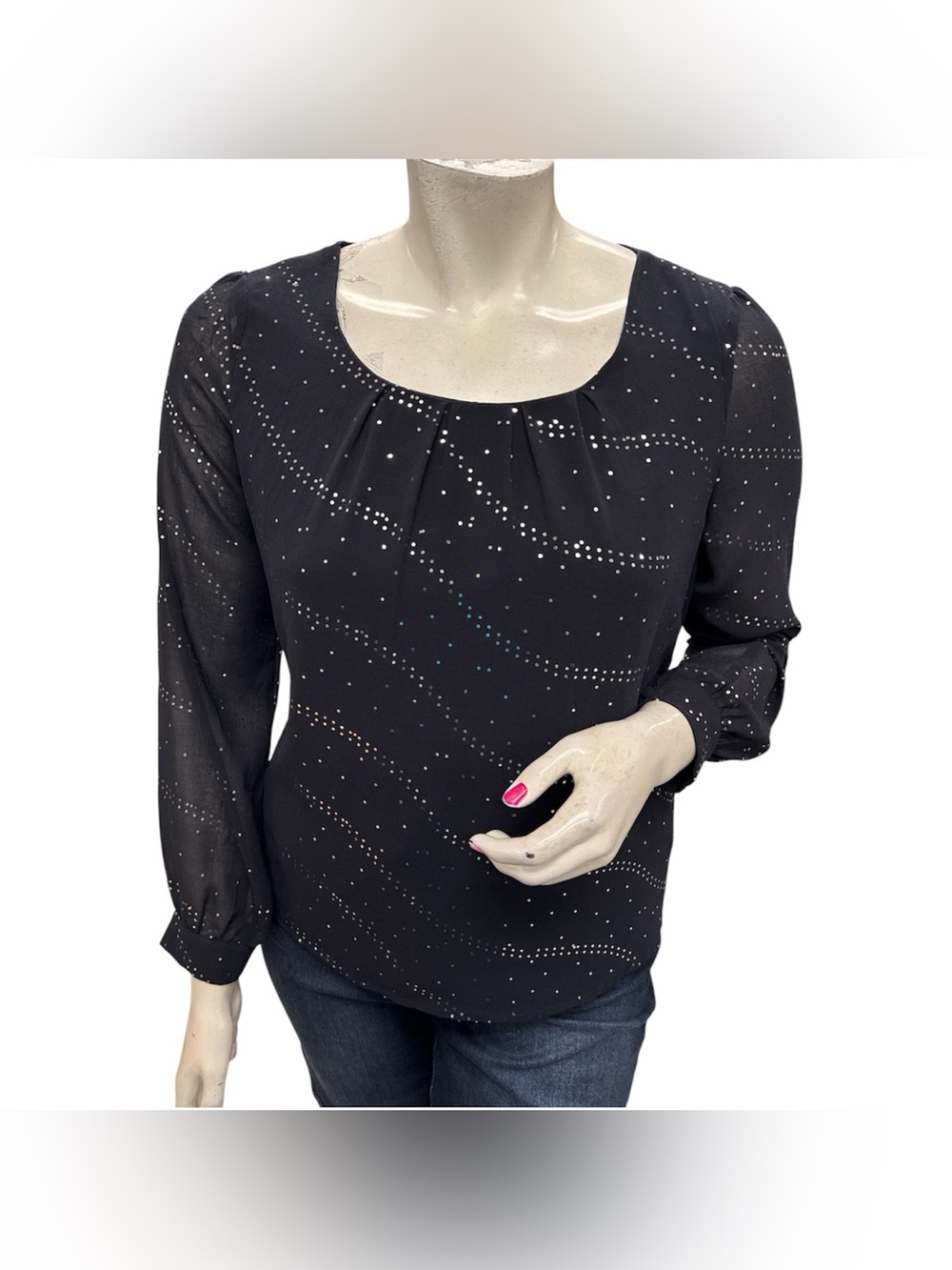 Reitmans Black Long-Sleeve Scoop Neck Blouse with Silver Dot Detail Size Xl